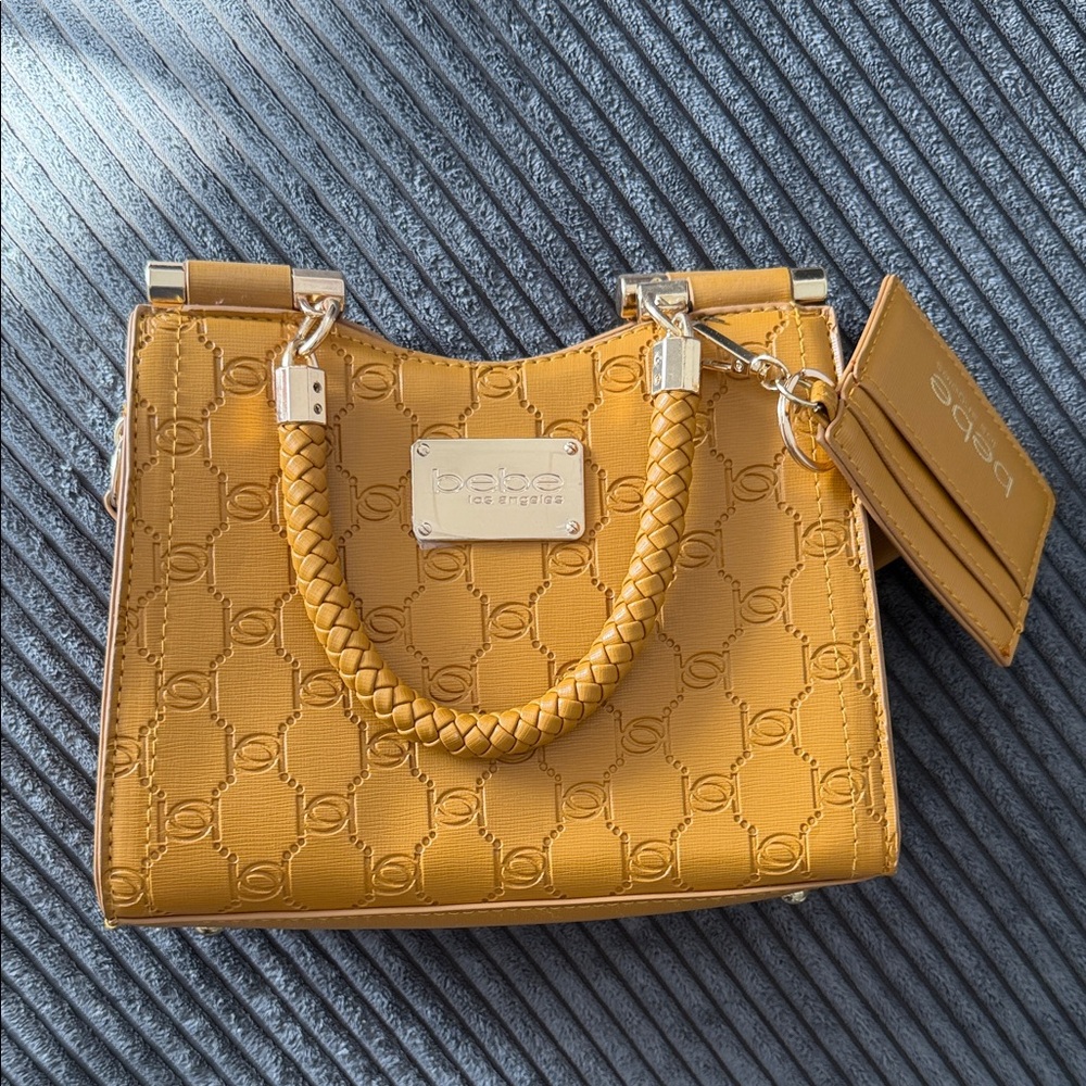 bebe Quilted Logo Satchel in Mustard Yellow with Braided Handles